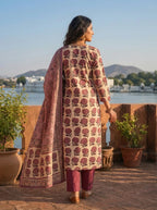 Wine Silk Butta Grid Block Printed Three Piece Set