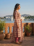 Wine Silk Butta Grid Block Printed Three Piece Set