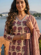 Wine Silk Butta Grid Block Printed Three Piece Set