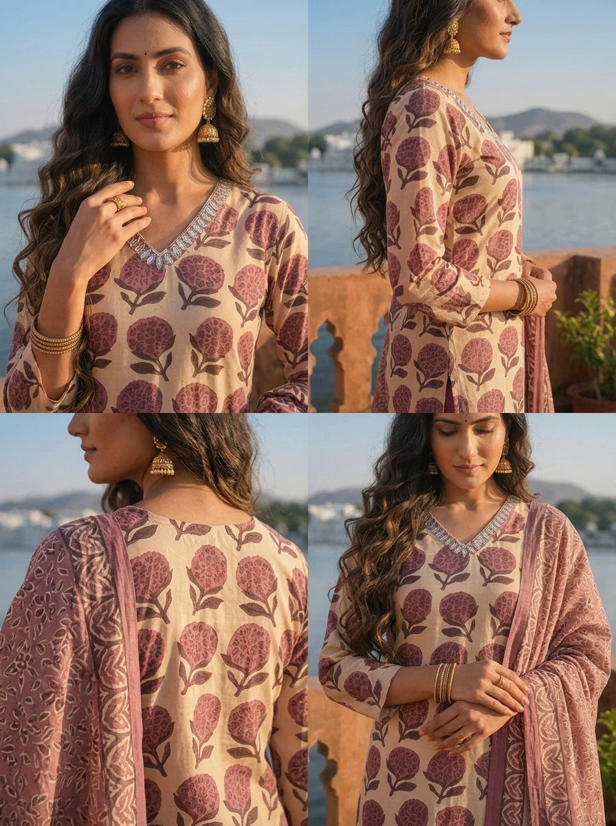 Wine Silk Butta Grid Block Printed Three Piece Set