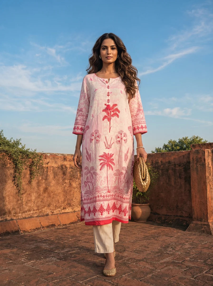 Pink Cotton Palm Tree Printed Two Piece Set
