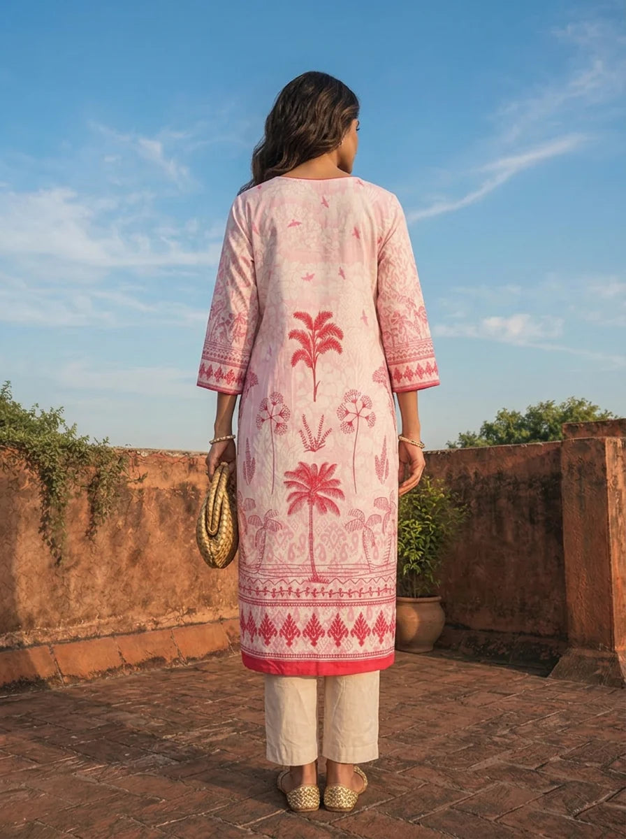 Pink Cotton Palm Tree Printed Two Piece Set