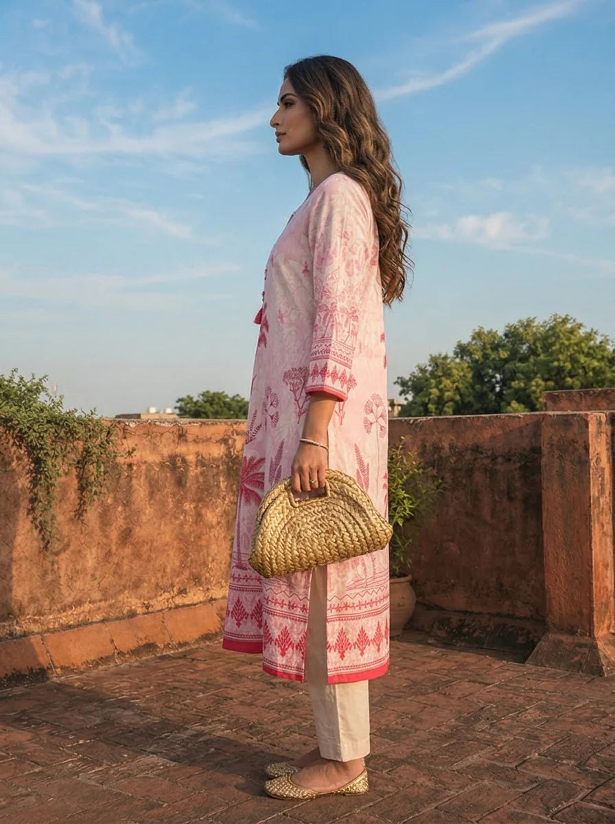 Pink Cotton Palm Tree Printed Two Piece Set