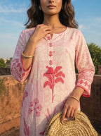 Pink Cotton Palm Tree Printed Two Piece Set