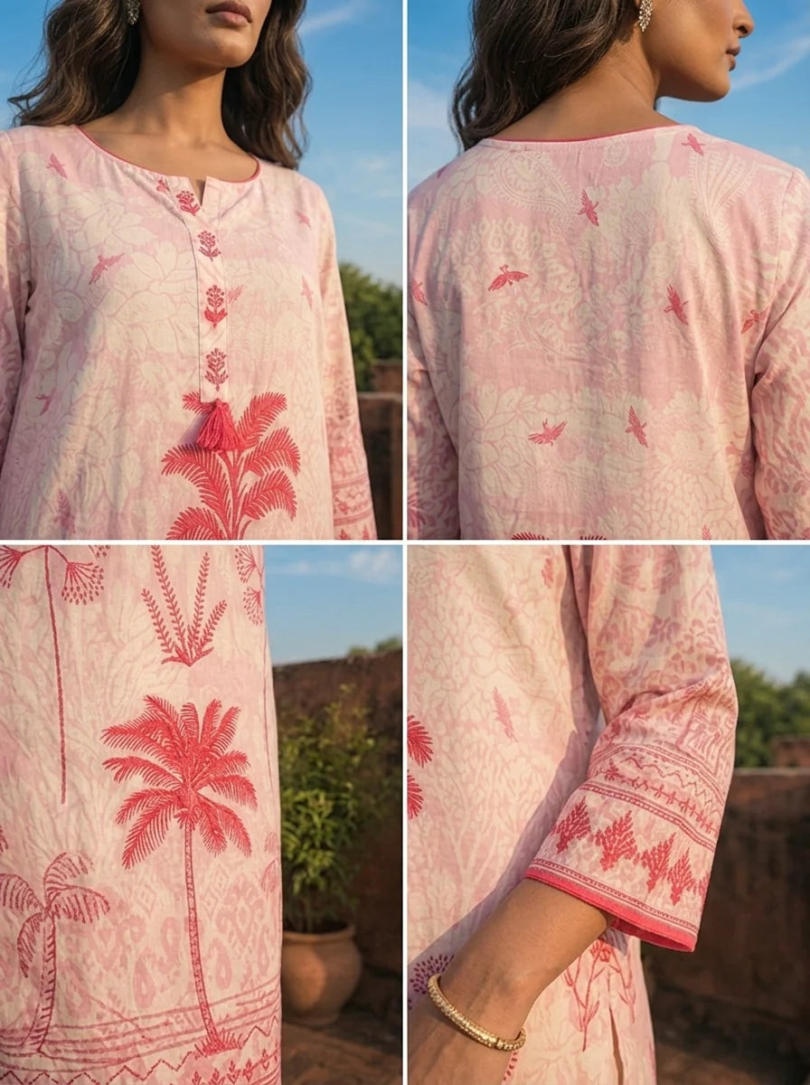 Pink Cotton Palm Tree Printed Two Piece Set