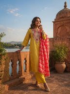 Yellow Silk Self Jacquard Embroidered Three Piece Set