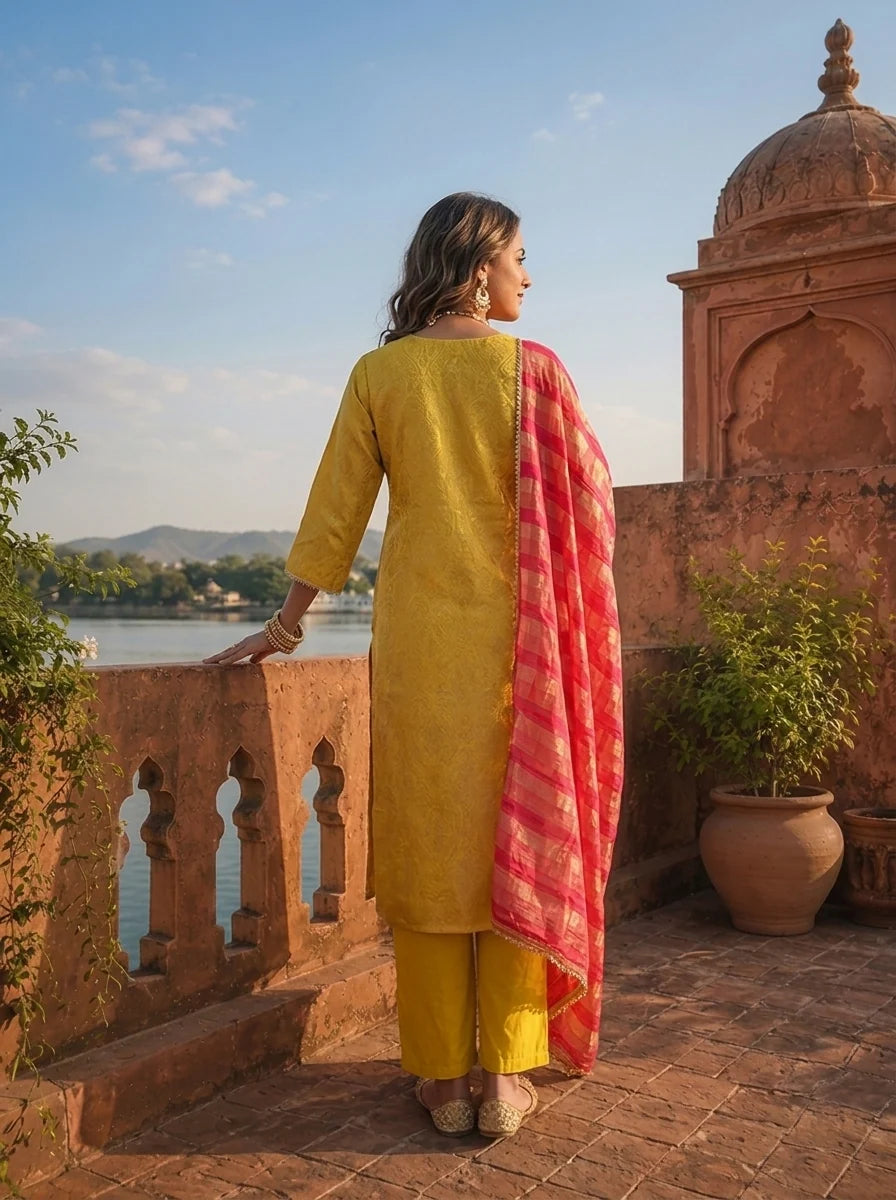 Yellow Silk Self Jacquard Embroidered Three Piece Set