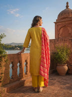 Yellow Silk Self Jacquard Embroidered Three Piece Set