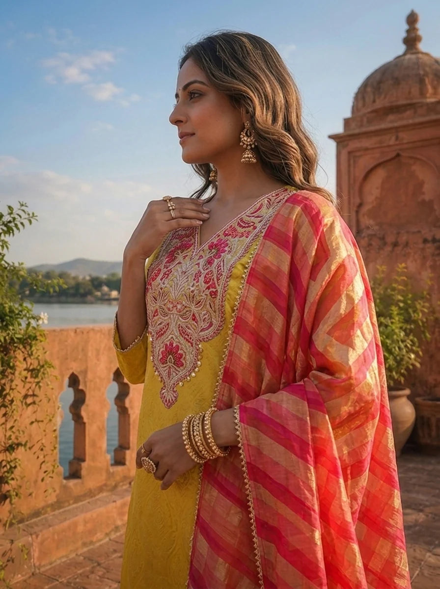 Yellow Silk Self Jacquard Embroidered Three Piece Set