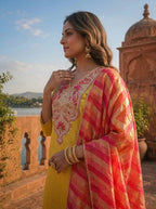 Yellow Silk Self Jacquard Embroidered Three Piece Set