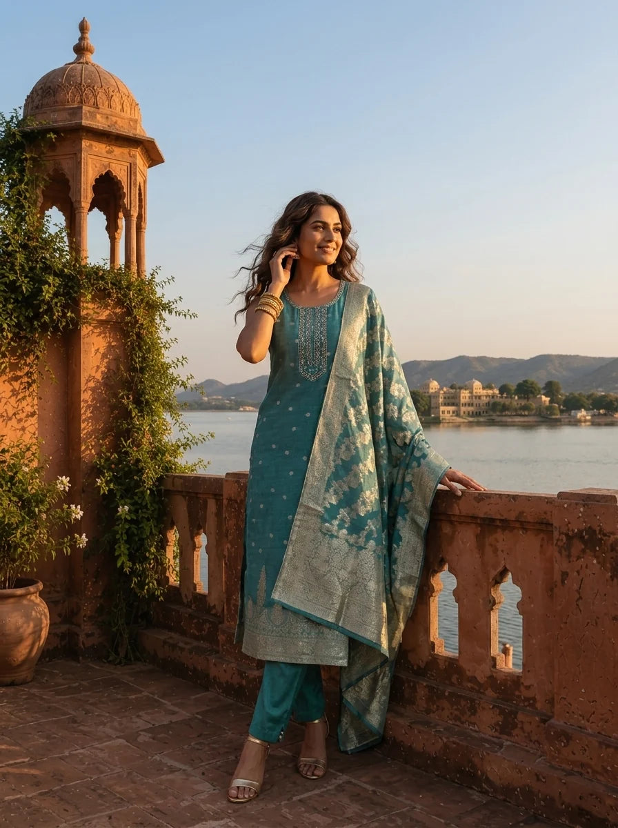Sea Green Tissue Paisley With Floral Motifs Weaved Three Piece Set