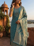 Sea Green Tissue Paisley With Floral Motifs Weaved Three Piece Set