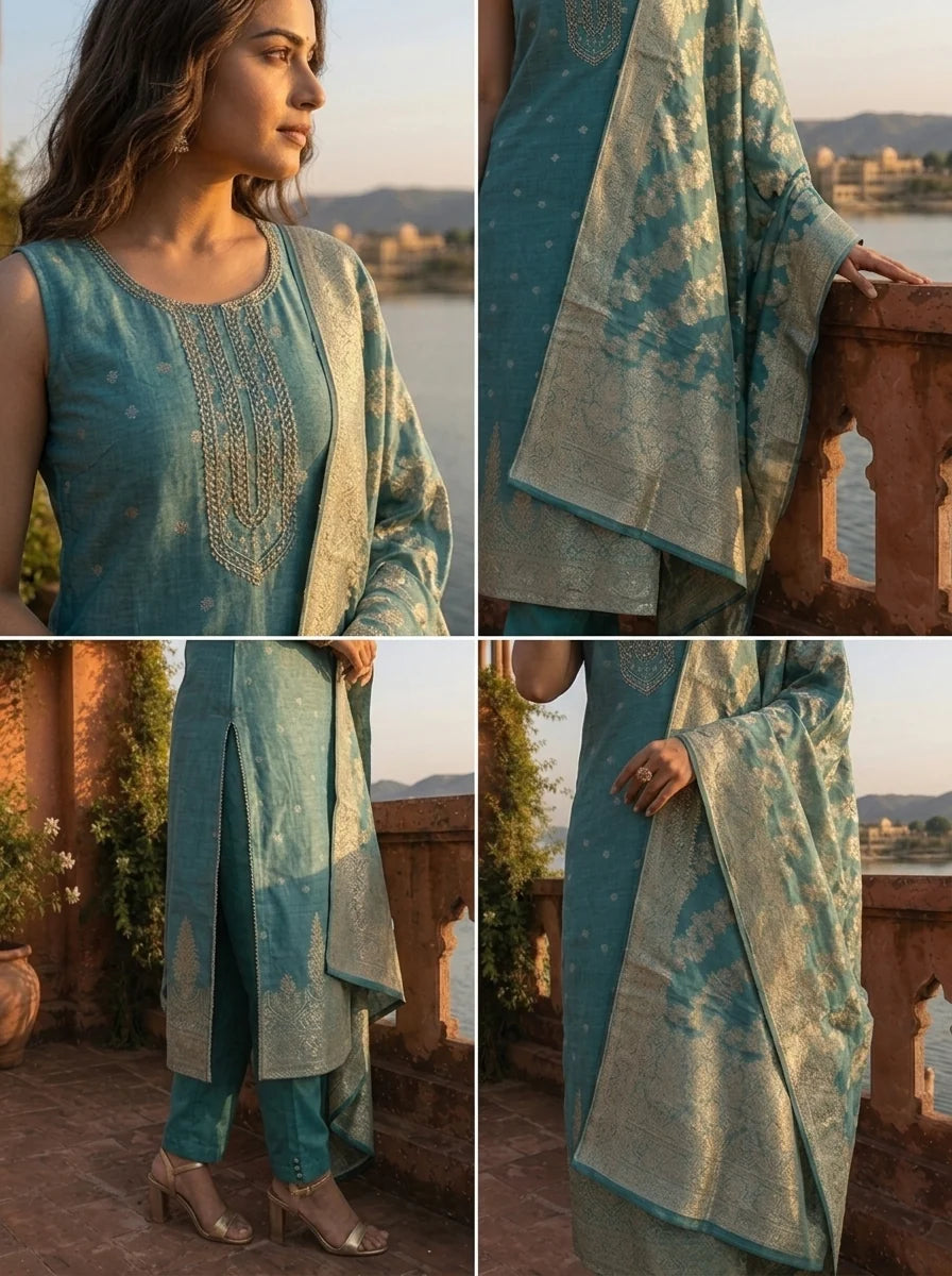 Sea Green Tissue Paisley With Floral Motifs Weaved Three Piece Set
