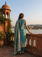 Sea Green Tissue Paisley With Floral Motifs Weaved Three Piece Set