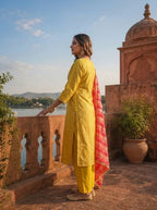 Yellow Silk Self Jacquard Embroidered Three Piece Set