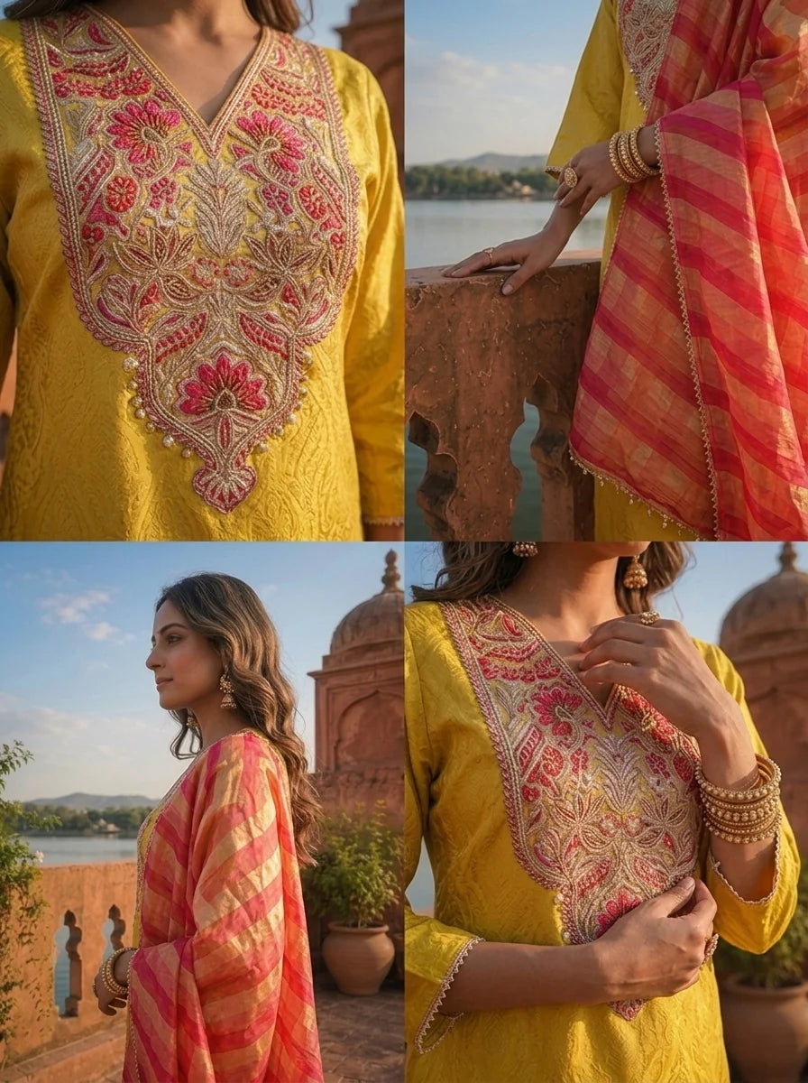 Yellow Silk Self Jacquard Embroidered Three Piece Set