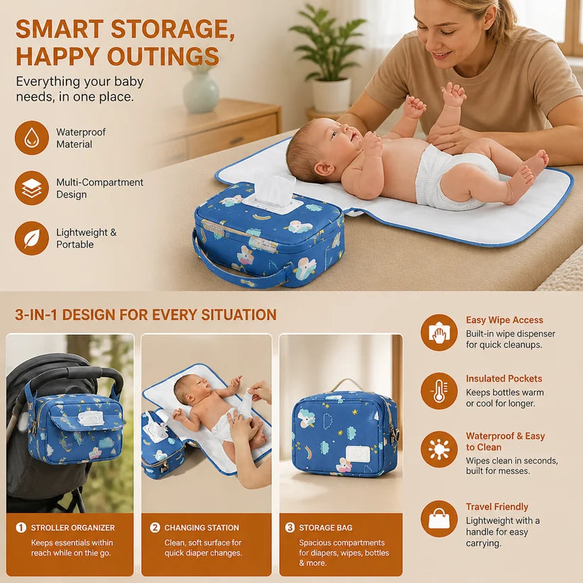 3in1 Stroller Organizer Bag – Waterproof Diaper Caddy with Insulated Pockets